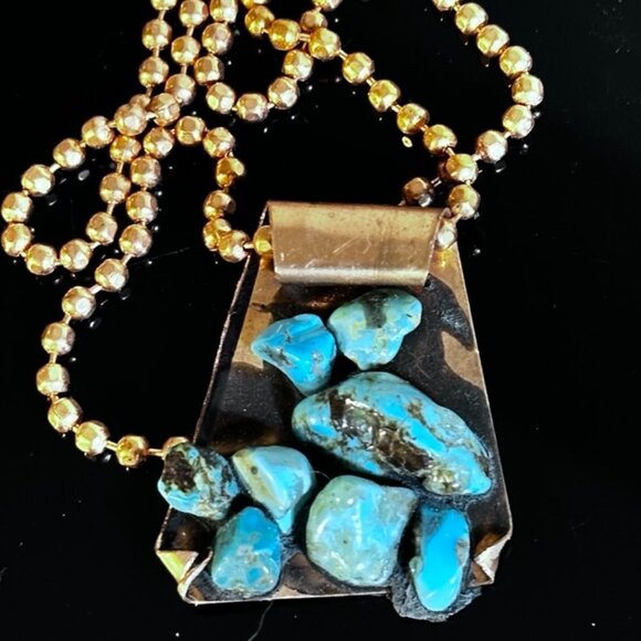 Kingman Turquoise Copper Pendant Necklace Brutalist Gift Choker 24" Handmade - Picture 1 of 5